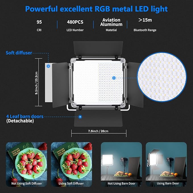 NEEWER 2 Packs 480 RGB Led Light with APP Control, Photography Video Lighting Kit with Stands and Bag, 480 SMD LEDs CRI95/3200K-5600K/Brightness 0-100%/0-360 Adjustable Colors/9 Applicable Scenes Neewer