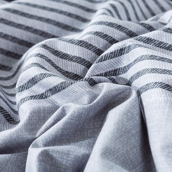 Andency Full Size Blue Comforter Set (79x90 Inch), 3 Pieces Gray and Blue Patchwork Striped Comforter, Soft Microfiber Down Alternative Comforter Bedding Set Bed in a Bag with Corner Loops - LeafyLoom