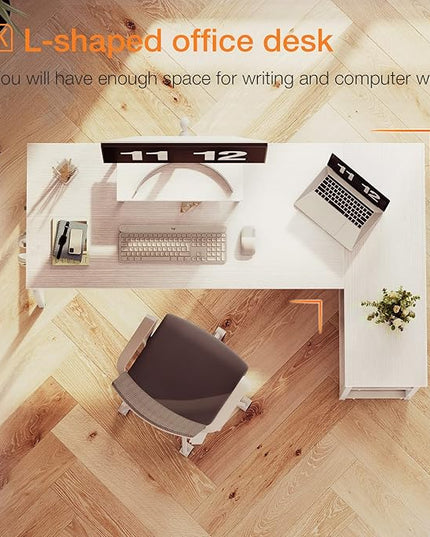 ODK 58 Inch L Shaped Computer Desk with Reversible Storage Shelves, L-shaped Corner Desk with Monitor Stand for Small Space, Modern Simple Writing Study Table for Home Office Workstation, White - LeafyLoom