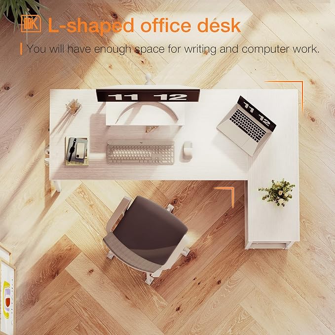ODK 58 Inch L Shaped Computer Desk with Reversible Storage Shelves, L-shaped Corner Desk with Monitor Stand for Small Space, Modern Simple Writing Study Table for Home Office Workstation, White - LeafyLoom