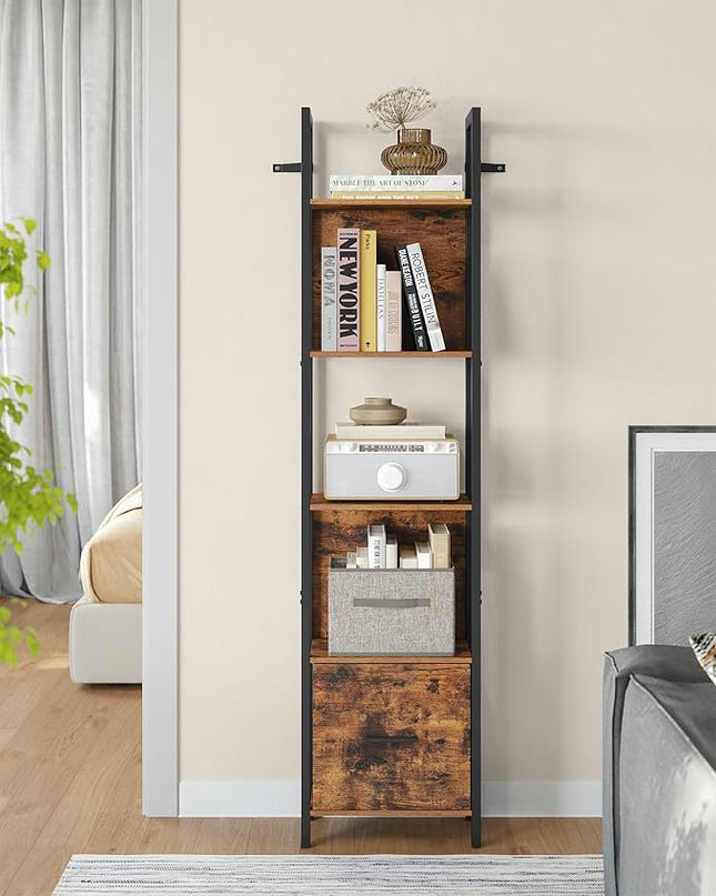 VASAGLE 5-Tier Bookshelf, Book Shelf with Drawer, Industrial Bookcase, with Steel Frame, for Living Room, Home Office, Bedroom, 9.4 x 15.7 x 65 Inches, Rustic Brown and Black ULLS146B01 - LeafyLoom
