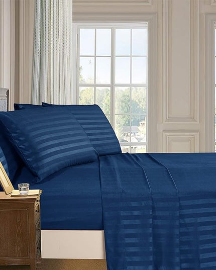 Elegant Comfort Softest and Coziest 4-Piece Sheet Set - 1500 Premium Hotel Quality Microfiber - Luxurious Wrinkle Resistant 4-Piece Damask Stripe Bed Sheet Set, Twin XL, Navy Blue - LeafyLoom