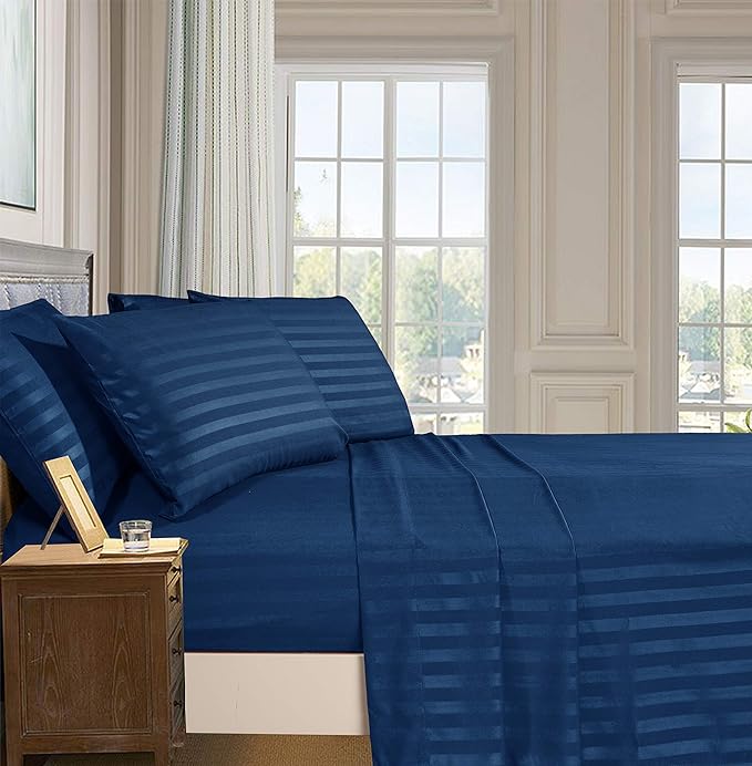 Elegant Comfort Best, Softest, Coziest 6-Piece Sheet Sets! - 1500 Premier Hotel Quality Luxurious Wrinkle Resistant 6-Piece DAMASK STRIPE Bed Sheet Set, Queen Navy Blue - LeafyLoom