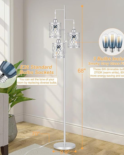 68" Farmhouse floor lamp, Dimmable Industrial Floor Lamps for Living Room, 3 Light Rustic Standing Tall Lamp Including 3 PCS 6W Edison Bulbs, Tree Floor Lamp for Bedrooms Room, Office, Bar, Silver - LeafyLoom