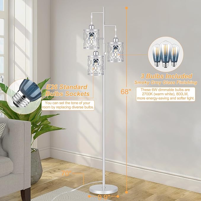 68" Farmhouse floor lamp, Dimmable Industrial Floor Lamps for Living Room, 3 Light Rustic Standing Tall Lamp Including 3 PCS 6W Edison Bulbs, Tree Floor Lamp for Bedrooms Room, Office, Bar, Silver - LeafyLoom