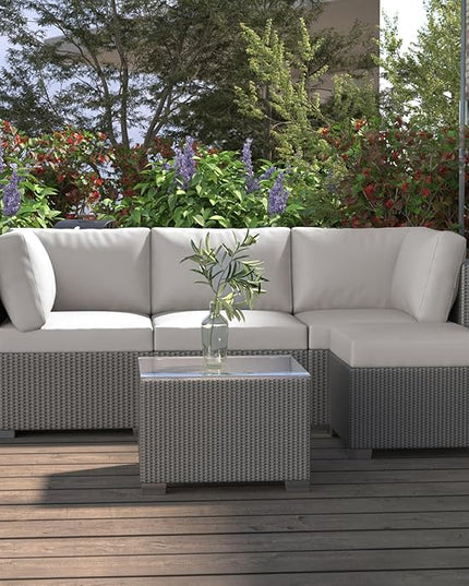 GAOMON 5-Piece Outdoor Patio Rattan Wicker Sofa Set, Pe Rattan Conversation Sectional with Thickened Back Cushion, Glass Tabletop, Ottoman - Ideal for Courtyard Space, Light-grey - LeafyLoom