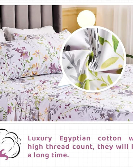 QSH 100% Cotton Sheets for Split King Size Bed - Floral Plant Pattern Botanical Luxury Cotton Printed Floral Bedding King Size Sheet with Deep Pockets 17" Soft and Breathable 5pcs - LeafyLoom