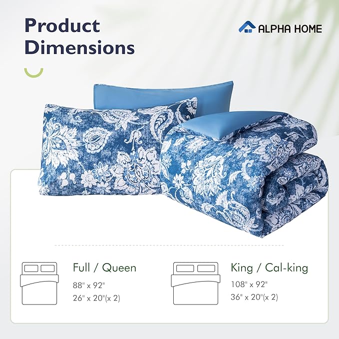 ALPHA HOME Queen Size Comforter Set, All Season Bedding Comforter Set, Comfortable Fluffy Floral Comforter Set with Cotton Fabric (1 Comforter, 2 Pillowcases) - LeafyLoom
