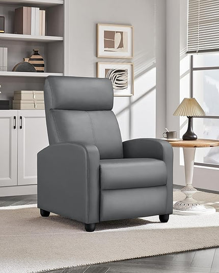 Yaheetech Recliner Chair PU Leather Recliner Sofa Home Theater Seating with Lumbar Support Overstuffed High-Density Sponge Push Silver Gray Recliners - LeafyLoom