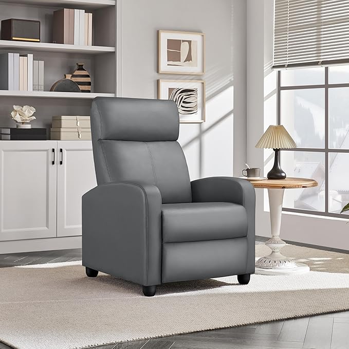 Yaheetech Recliner Chair PU Leather Recliner Sofa Home Theater Seating with Lumbar Support Overstuffed High-Density Sponge Push Silver Gray Recliners - LeafyLoom