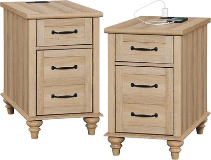 WAMPAT 2 Pack End Table with Charging Station, Wood Side Table with Drawer and Storage Cabinet, Modern End Table with Power outlets USB Ports for Living Room Bedroom, Oak - LeafyLoom