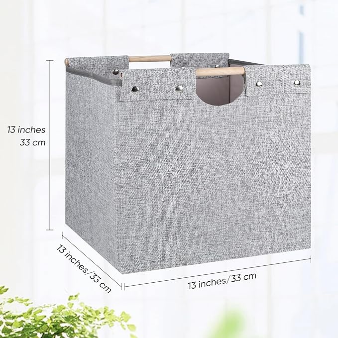 13x13x13 Inches Collapsible Storage Cubes, 4 Pack Fabric Bins with Wooden Handles for Kallax Shelves, Closet, Cabinet, Bookcase, Home Organizer Boxes for Decor and Laundry (Gray) - LeafyLoom
