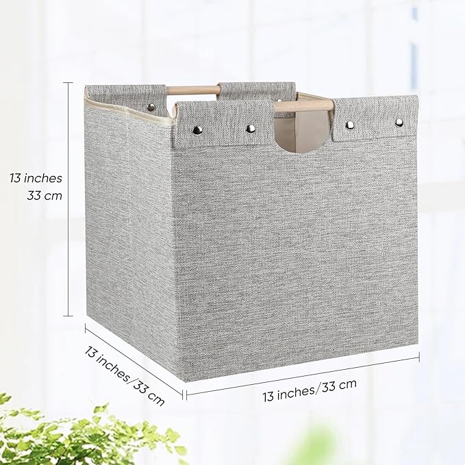 13x13x13 Inches Collapsible Storage Cubes, 4 Pack Fabric Bins with Wooden Handles for Kallax Shelves, Closet, Cabinet, Bookcase, Home Organizer Boxes for Decor and Laundry (Beige) - LeafyLoom
