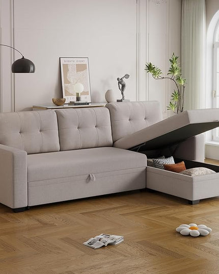 82" Sectional Sofa with Storage Chaise & Pull-Out Bed,L-Shape Convertible 3 Seater Couch W/Tufted Backrest,Reversible Sleeper for Living Room Apartment Office, Beige3 - LeafyLoom