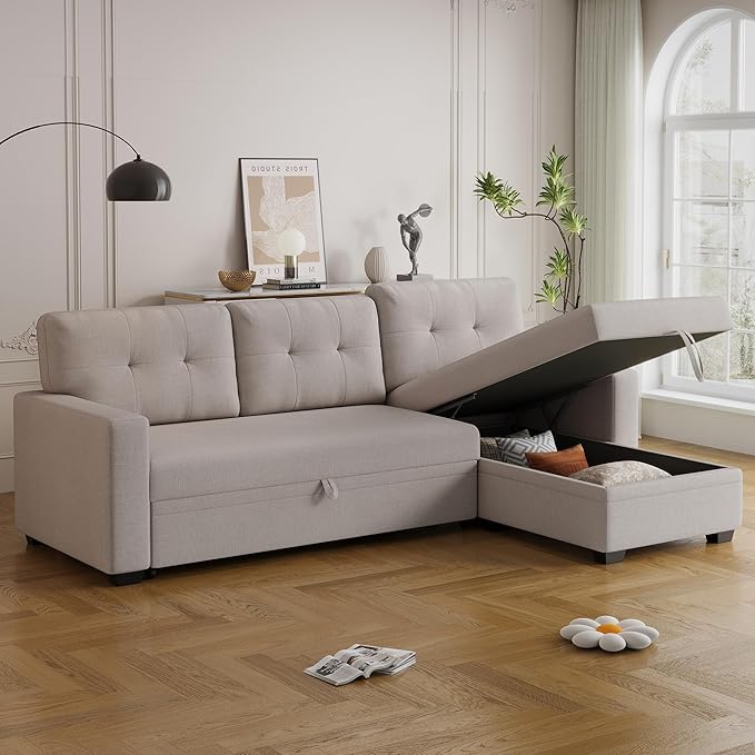 82" Sectional Sofa with Storage Chaise & Pull-Out Bed,L-Shape Convertible 3 Seater Couch W/Tufted Backrest,Reversible Sleeper for Living Room Apartment Office, Beige3 - LeafyLoom
