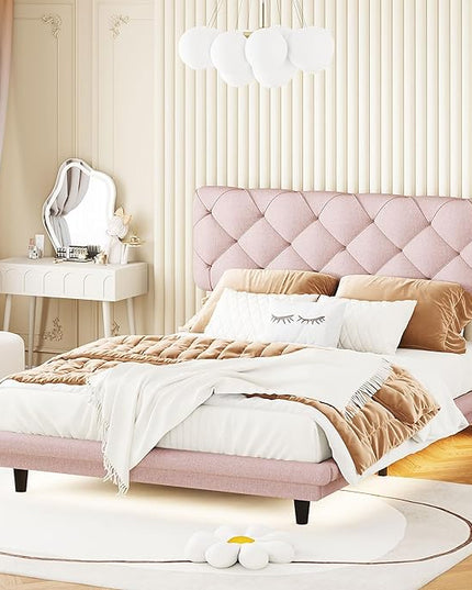 Full Size Linen Upholstered Bed with Light Stripe,Floating Platform Beds,w/Headboard and Wooden Slats Support,for Apartment,Bedroom,Living Room,Easy Assembly,Pink - LeafyLoom