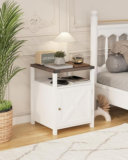 Farmhouse Nightstand Set of 2 with Charging Station, Rustic End Table Bedroom with Storage Living Room Side Table White Night Stand Industrial Bedside Bed Table with USB Ports and Outlets - LeafyLoom