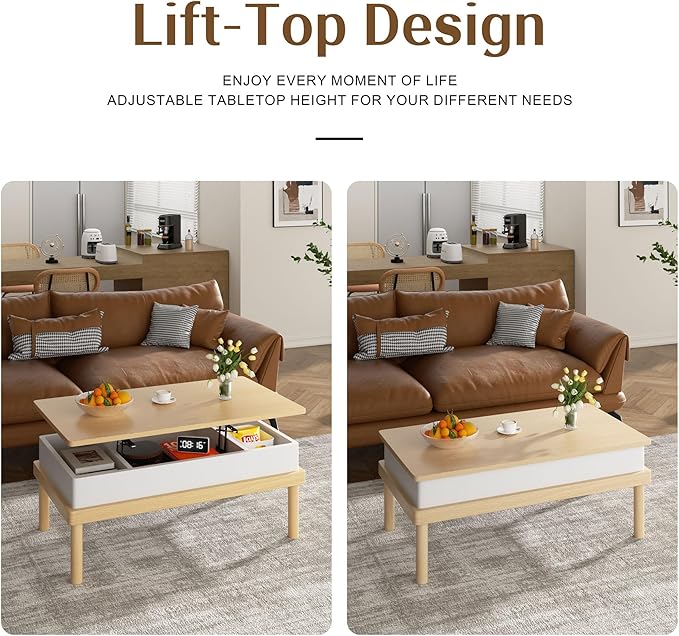 Shintenchi Coffee Table, Lift Top Coffee Table with Hidden Compartment, Rising Tabletop Dining Table, Lift Top Coffee Center Table for for Living Room, Office, Home (Oak) - LeafyLoom