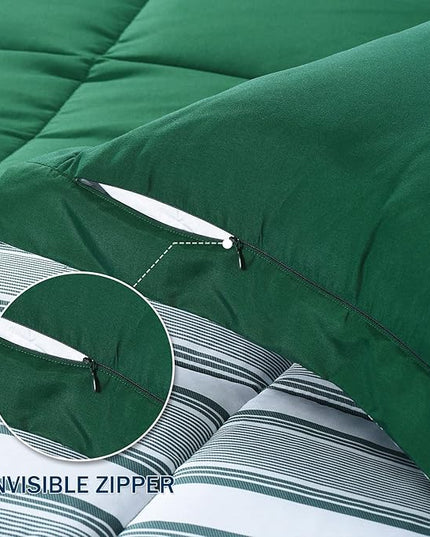 downluxe Queen Comforter Set(88"x92") 3-Piece,Stripes Green Reversible Comforter,2 Reversible Pillow Shams 20"x26",Microfiber Queen Comforter,Soft and Comfortable - LeafyLoom