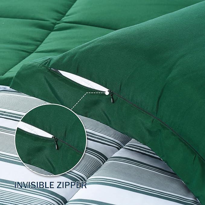 downluxe Queen Comforter Set(88"x92") 3-Piece,Stripes Green Reversible Comforter,2 Reversible Pillow Shams 20"x26",Microfiber Queen Comforter,Soft and Comfortable - LeafyLoom