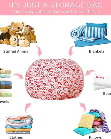 Aubliss Stuffed Animal Bean Bag Storage Chair, Beanbag Covers Only for Organizing Plush Toys, Turns into Bean Bag Seat for Kids When Filled, Large 38"-Canvas Pattern Heart - LeafyLoom