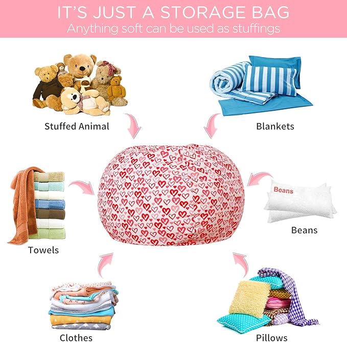 Aubliss Stuffed Animal Bean Bag Storage Chair, Beanbag Covers Only for Organizing Plush Toys, Turns into Bean Bag Seat for Kids When Filled, Large 38"-Canvas Pattern Heart - LeafyLoom