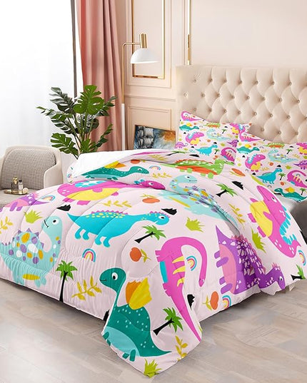 Girls Bedding Dinosaur Comforter Set Queen, Cute Dinosaur Bedding Set for Girls Adults Soft Breathable Dino Quilt Kids Queen Comforter Set, 1 Comforter 2 Pillowcase - LeafyLoom