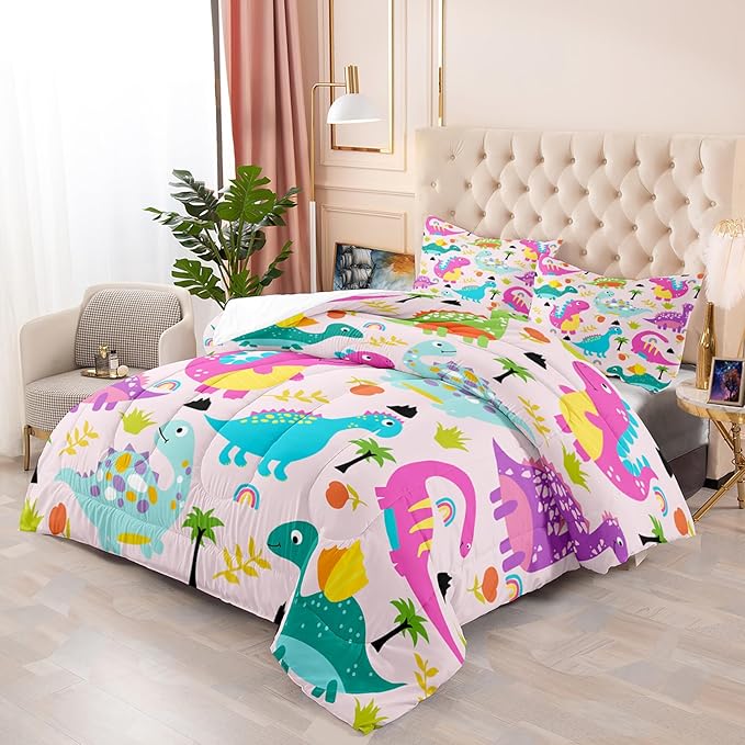 Girls Bedding Dinosaur Comforter Set Queen, Cute Dinosaur Bedding Set for Girls Adults Soft Breathable Dino Quilt Kids Queen Comforter Set, 1 Comforter 2 Pillowcase - LeafyLoom