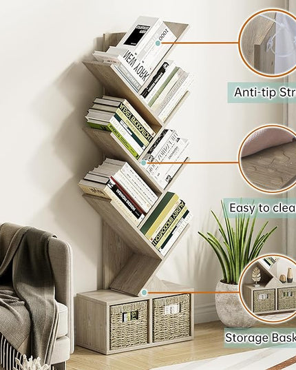 Vagusicc 6 Tier Tree Bookshelf - Retro Shelf Floor Standing Bookcase with Baskets, Tall Wood Book Storage Rack for Books/CDs, Tree Utility Book Organizer Shelves for Living Room, Home Office, Bedroom - LeafyLoom