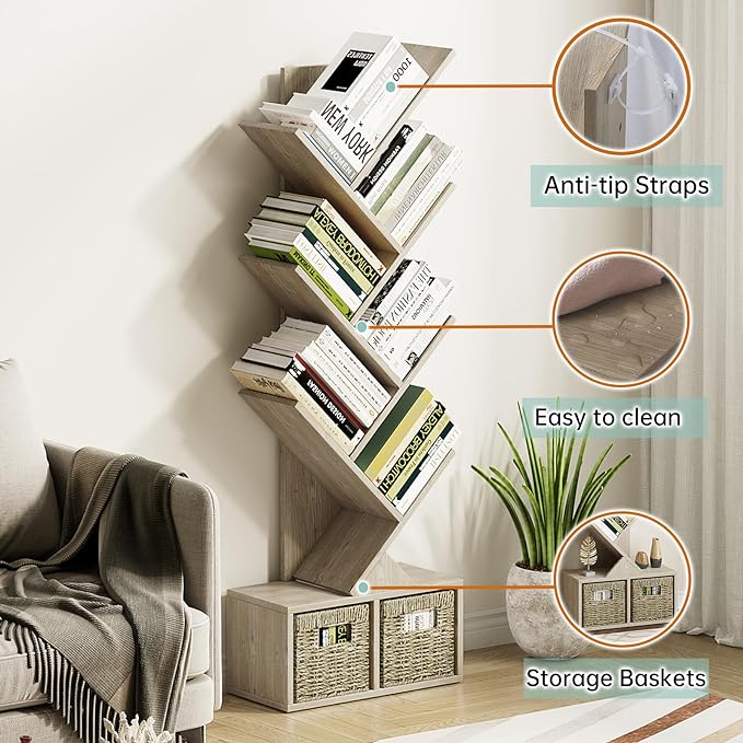 Vagusicc 6 Tier Tree Bookshelf - Retro Shelf Floor Standing Bookcase with Baskets, Tall Wood Book Storage Rack for Books/CDs, Tree Utility Book Organizer Shelves for Living Room, Home Office, Bedroom - LeafyLoom