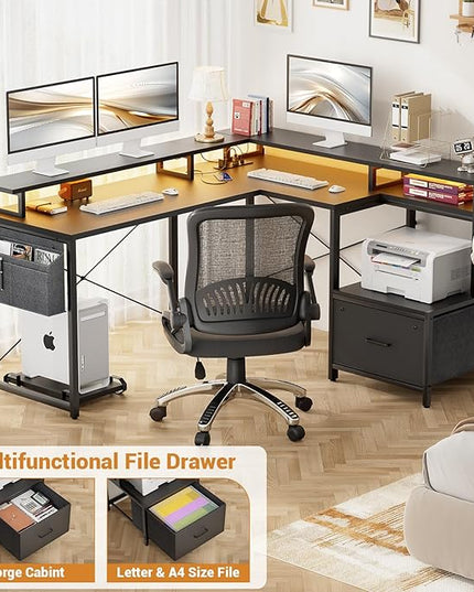 Unikito L Shaped Desk with File Drawer, Reversible L Shaped Computer Desk with Power Outlet & LED Lights, Home Office Desk Corner Desk with Monitor Shelf and Printer Cabinet, Gaming Desk, Black - LeafyLoom