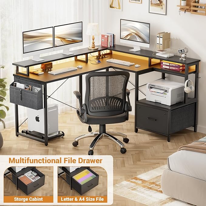 Unikito L Shaped Desk with File Drawer, Reversible L Shaped Computer Desk with Power Outlet & LED Lights, Home Office Desk Corner Desk with Monitor Shelf and Printer Cabinet, Gaming Desk, Black - LeafyLoom