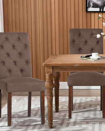COLAMY Button Tufted Dining Chairs Set of 4, Parsons Upholstered Fabric Dining Room Chairs Kitchen Chairs with Wood Legs and Padded Seat, Brown - LeafyLoom
