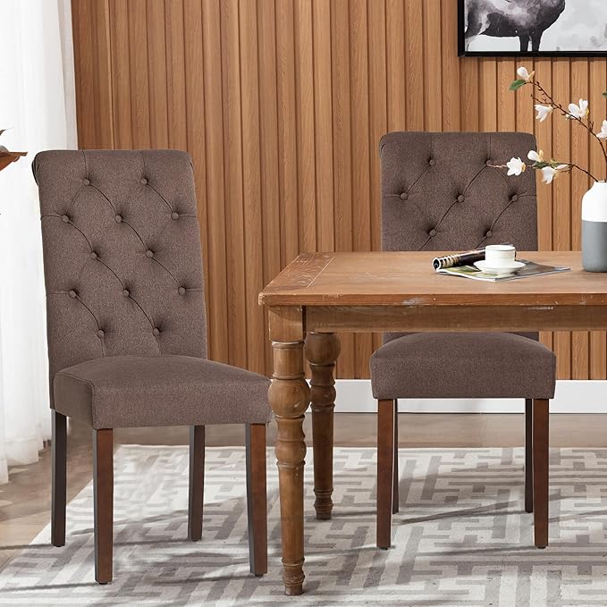 COLAMY Button Tufted Dining Chairs Set of 4, Parsons Upholstered Fabric Dining Room Chairs Kitchen Chairs with Wood Legs and Padded Seat, Brown - LeafyLoom