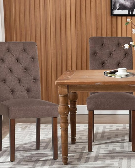 COLAMY Button Tufted Dining Chairs Set of 2, Parsons Upholstered Fabric Dining Room Chairs Kitchen Chairs with Wood Legs and Padded Seat, Brown - LeafyLoom