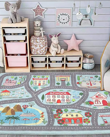 Playroom Rug Play Carpet 4’ x 6’, Blue Large Educational Children’s Play Mat, Learning & Have Fun Safely Non-Slip Washable Road Traffic Floor Area Carpet, Great for Kids Room Bedroom - LeafyLoom