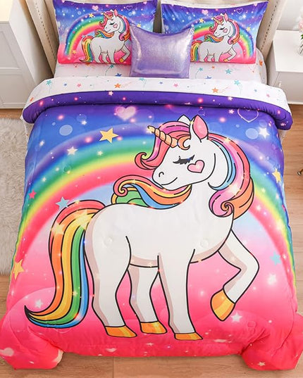 Aimuan Girls Unicorn Comforter Set 6 Pieces Pink Purple Bedding Set with Rainbow Star Galaxy Stars Fantasy Children Room Decor Soft Reversible Bed Sets for Boys/Girls/Teens (Pink-purple Full6Pcs) - LeafyLoom