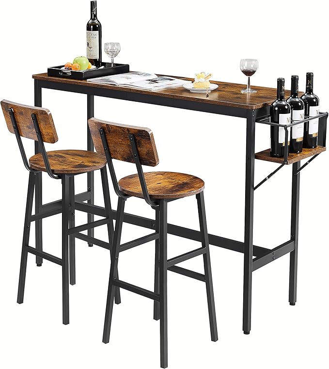 NicBex Dining Table Kitchen Table and Chairs 2 Person Dining Table Set Bar Table Set with Metal Frame and Wine Bottle Storage Rack for Dining Room and Restaurant, Rustic Brown - LeafyLoom