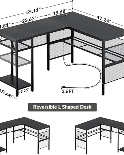 Unikito L Shaped Desk with USB Charging Port and Power Outlet, Reversible Corner Computer Desk with Storage Shelves, Industrial 2 Person Long Gaming Table Modern Home Office Desk, Black - LeafyLoom