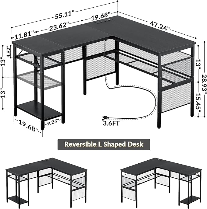 Unikito L Shaped Desk with USB Charging Port and Power Outlet, Reversible Corner Computer Desk with Storage Shelves, Industrial 2 Person Long Gaming Table Modern Home Office Desk, Black - LeafyLoom