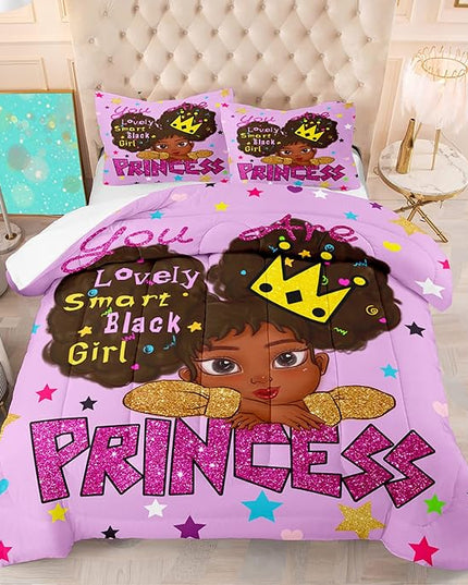 African Black Girl Full Size Comforter Sets for Girls, Black Girl Teen Girl Comforter Set Full Size, Purple Princess Full Size Bedding Set, Full (1 Comforter 2 Pillowcases) - LeafyLoom