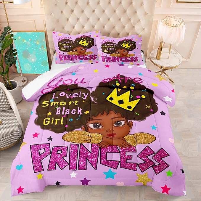 Black Girl Comforter Set Queen African Black Girls Comforter Sets Queen Princess Queen Bedding Set Cute Black Girls Princess Room Decor Bedding Set, Queen (1 Comforter 2 Pillowcases) - LeafyLoom