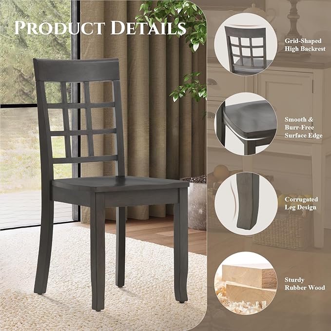COLAMY Wooden Dining Chairs Set of 6, Nine-Square High Back Kitchen Side Chair, Farmhouse Dining Chairs for Kitchen and Dining Room, Dark Grey - LeafyLoom