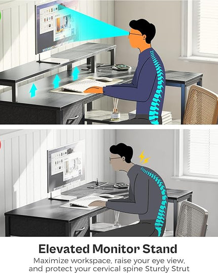 SUPERJARE 47 inch Reversible L Shaped Desk with LED Lights & Power Outlets, Computer Desk with Shelves & Monitor Stand, Gaming Desk with Drawer, Home Office Desk Corner Desk, Grey - LeafyLoom