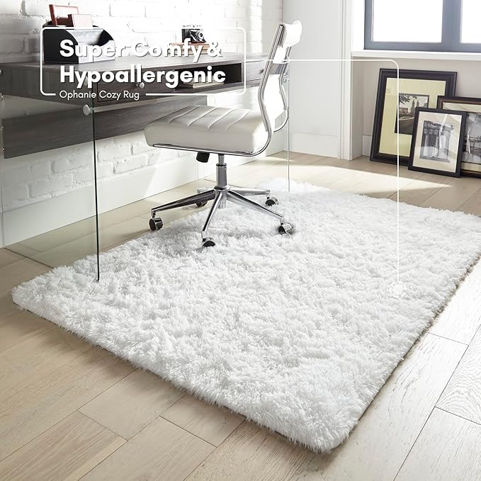 Ophanie White Rugs for Bedroom Fluffy, Machine Washable Shaggy Soft Area Rug, Non-Slip Indoor Floor Carpet for Living Room, Kids Baby Girls Teen Dorm Home Decor Aesthetic, Nursery, 4 x 6 Feet - LeafyLoom