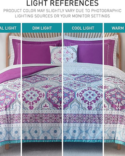 Degrees of Comfort Purple Comforter Set,Queen Boho Bedding Sets with Sheets,Bohemian Microfibe Bed in A Bag with Side Pockets, Matching Decorative Pillow, 8 Piece - LeafyLoom