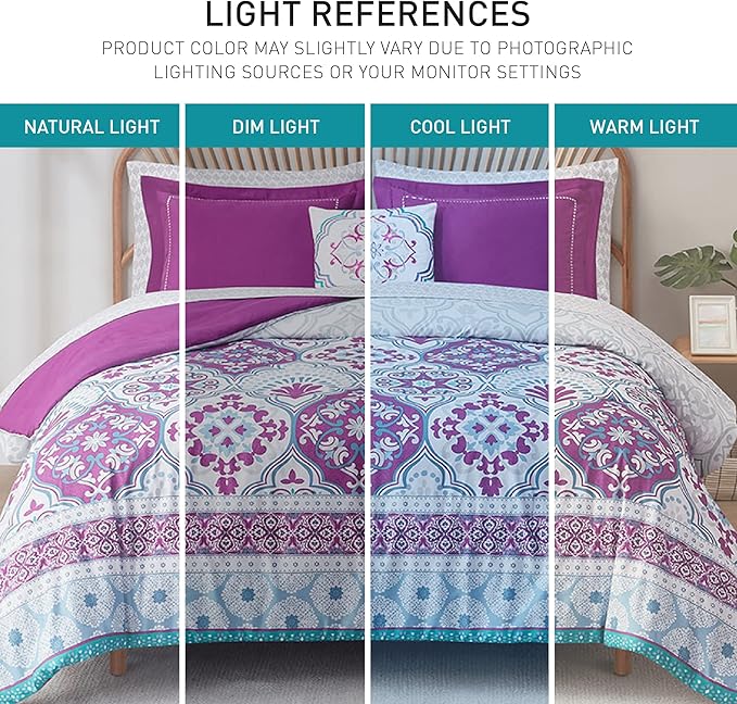 Degrees of Comfort Purple Comforter Set,Queen Boho Bedding Sets with Sheets,Bohemian Microfibe Bed in A Bag with Side Pockets, Matching Decorative Pillow, 8 Piece - LeafyLoom