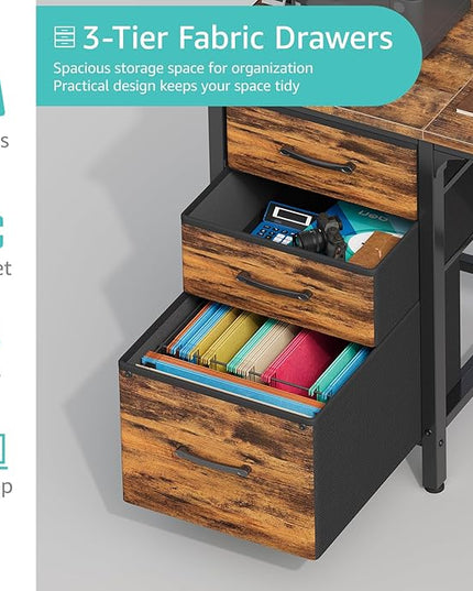Lufeiya Computer Desk with Fabric File Drawers Cabinet, 47 Inch Home Office Desks with Filing Cabinet for Small Space, Study Writing Table PC Desks, Rustic Brown - LeafyLoom
