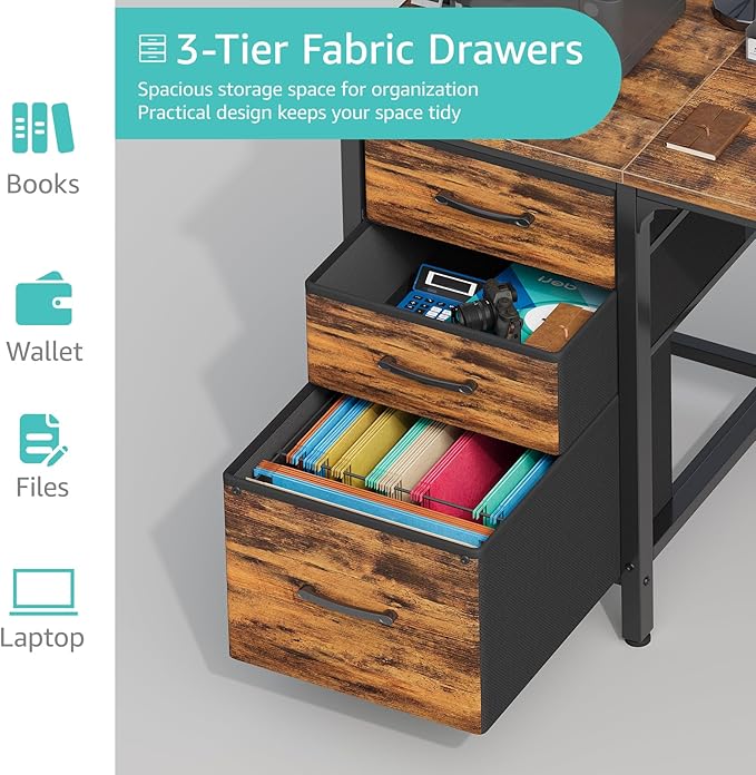 Lufeiya Computer Desk with Fabric File Drawers Cabinet, 47 Inch Home Office Desks with Filing Cabinet for Small Space, Study Writing Table PC Desks, Rustic Brown - LeafyLoom