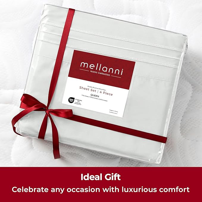 Mellanni Split King Sheets Set - 5 PC Iconic Collection Bedding Sheets & Pillowcases - Hotel Luxury, Extra Soft, Cooling Bed Sheets - Deep Pocket up to 16 inch (Split King, Ivory) - LeafyLoom